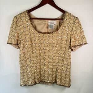 Adrianna Papell Occasions Women’s 10 Silk Beaded Top Gold Formal Evening Blouse